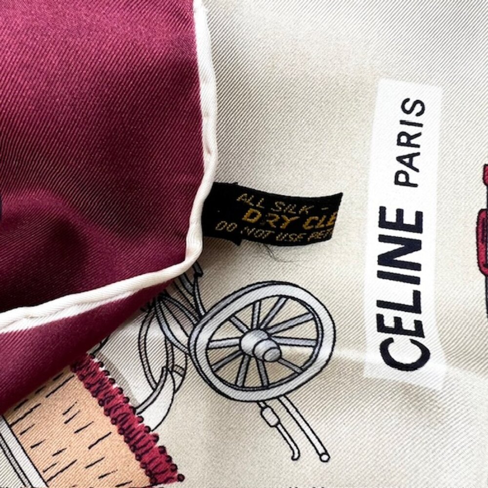 Unused Celine Paris Scarf 100% Silk 34" Gold Tan Brgendy Carriage Horses (39) - Picture 5 of 13